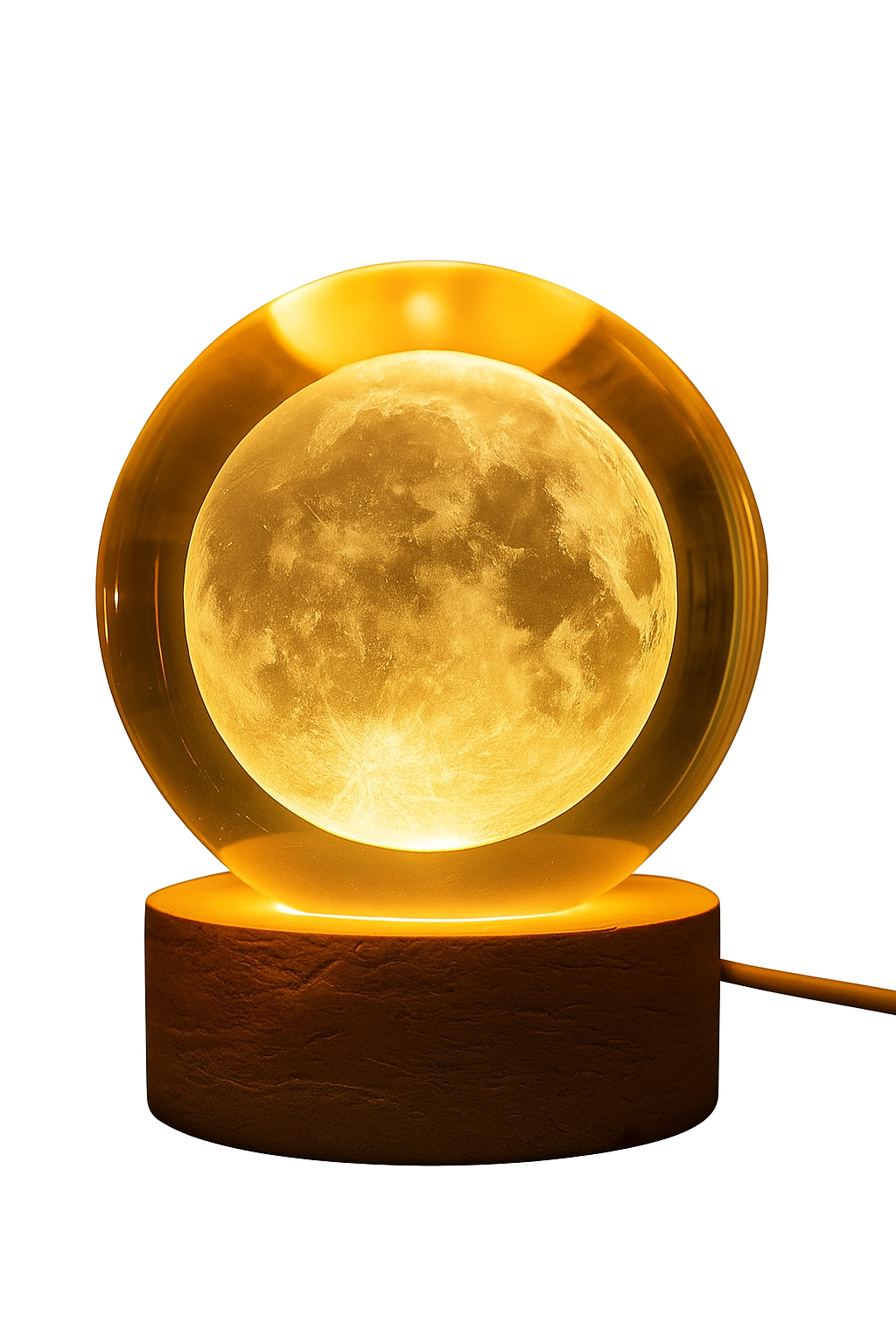 3D Moon Crystal Ball Night Light | Dimmable Engraved LED Glass Ball Table Lamp with USB and Wooden Base for Home Decor, Office, Birthday Gift & Kids Bedroom