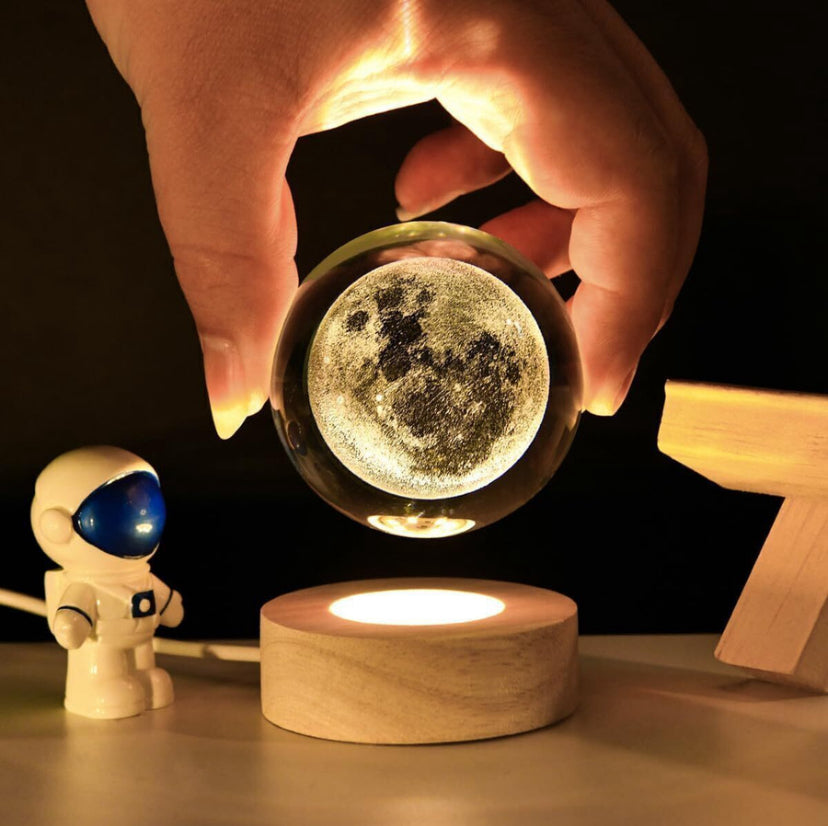 3D Moon Crystal Ball Night Light | Dimmable Engraved LED Glass Ball Table Lamp with USB and Wooden Base for Home Decor, Office, Birthday Gift & Kids Bedroom