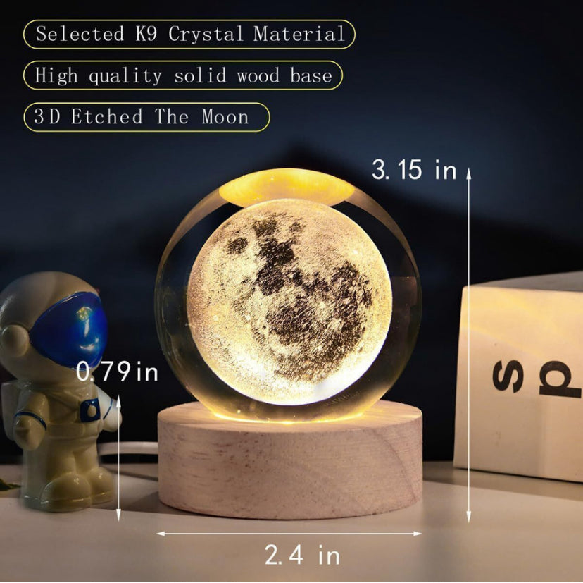 3D Moon Crystal Ball Night Light | Dimmable Engraved LED Glass Ball Table Lamp with USB and Wooden Base for Home Decor, Office, Birthday Gift & Kids Bedroom