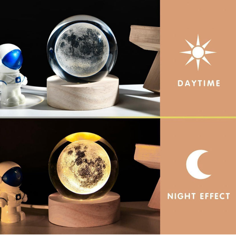 3D Moon Crystal Ball Night Light | Dimmable Engraved LED Glass Ball Table Lamp with USB and Wooden Base for Home Decor, Office, Birthday Gift & Kids Bedroom