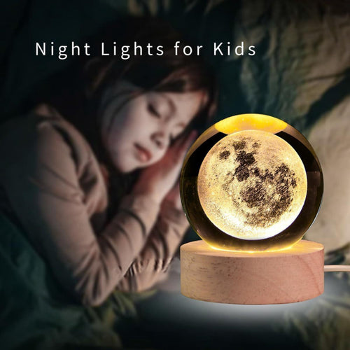 3D Moon Crystal Ball Night Light | Dimmable Engraved LED Glass Ball Table Lamp with USB and Wooden Base for Home Decor, Office, Birthday Gift & Kids Bedroom