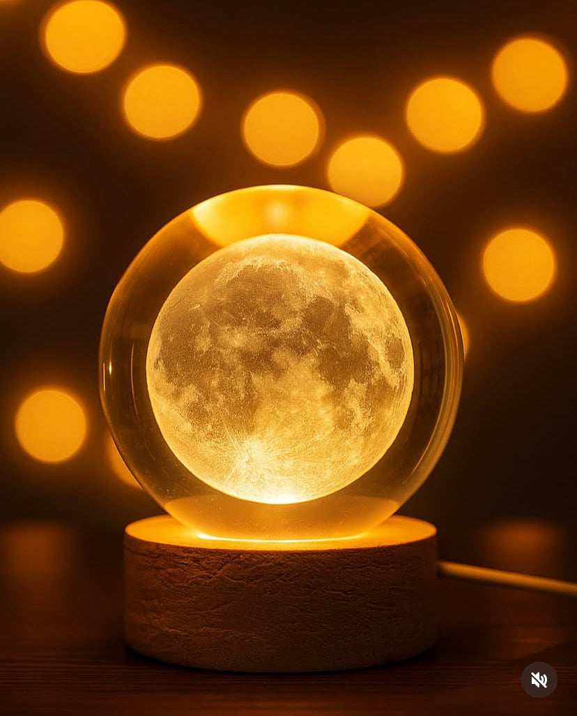 3D Moon Crystal Ball Night Light | Dimmable Engraved LED Glass Ball Table Lamp with USB and Wooden Base for Home Decor, Office, Birthday Gift & Kids Bedroom