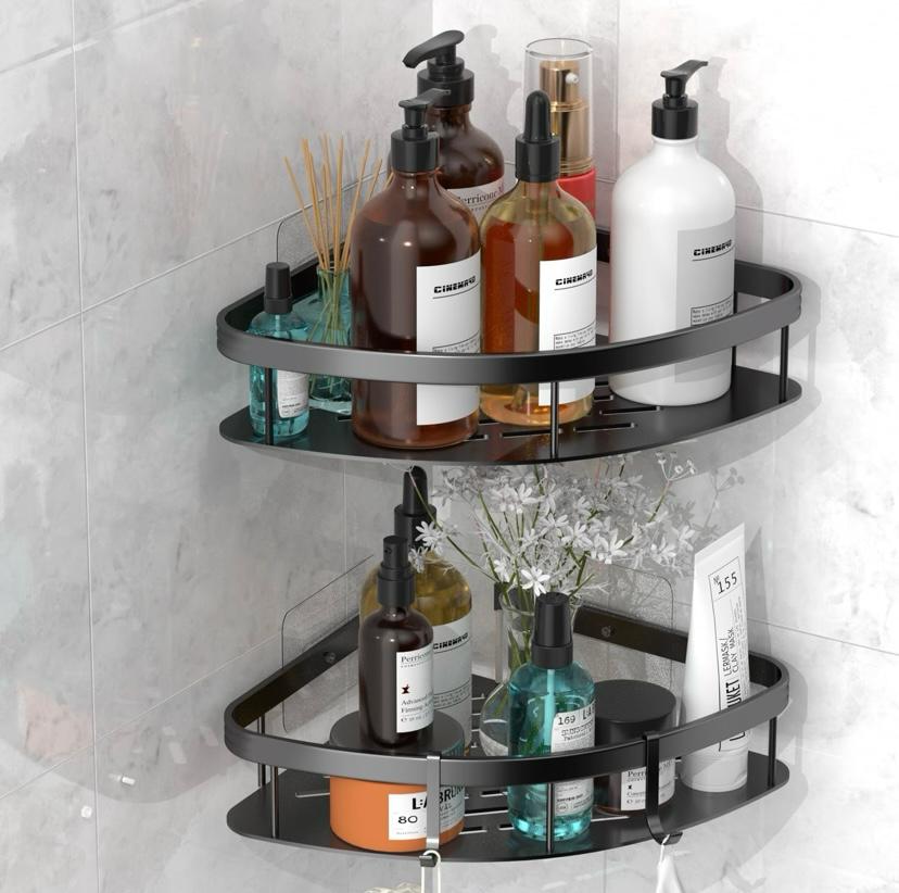 Wall Mounted Shower Organizer - 2 Pack No Drilling Adhesive Corner Shelf, Bathroom Shower Shelves With Hooks, Suction Cup (Black 2LBAT)