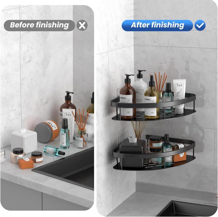 Wall Mounted Shower Organizer - 2 Pack No Drilling Adhesive Corner Shelf, Bathroom Shower Shelves With Hooks, Suction Cup (Black 2LBAT)