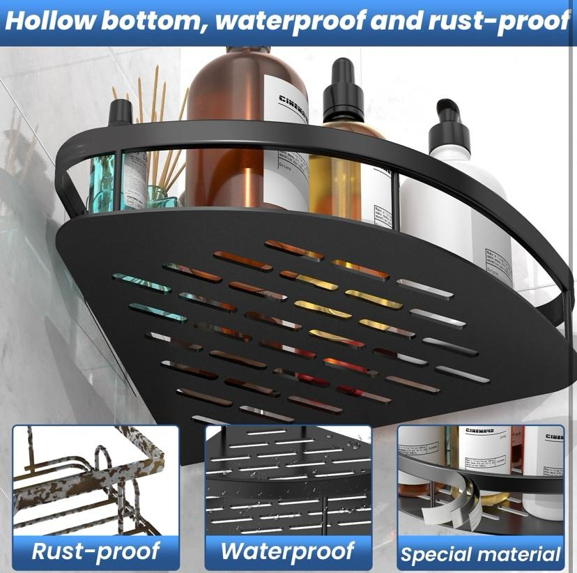 Wall Mounted Shower Organizer - 2 Pack No Drilling Adhesive Corner Shelf, Bathroom Shower Shelves With Hooks, Suction Cup (Black 2LBAT)